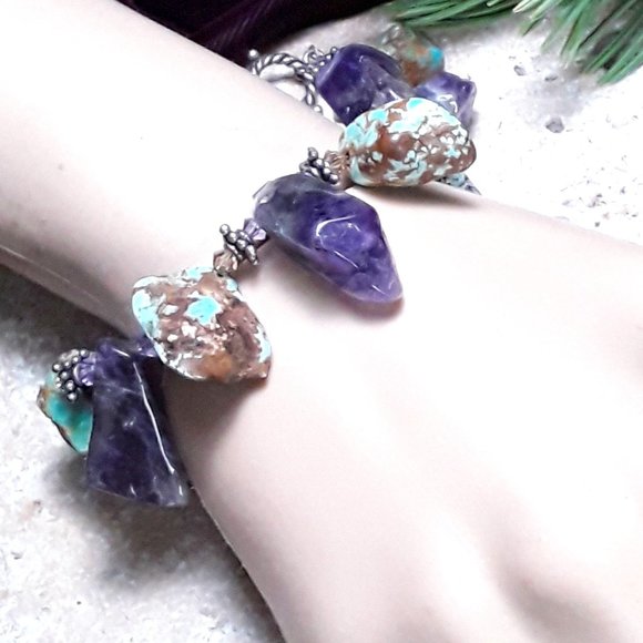 Statement Bracelet with Natural Free Form Amethyst and Turquoise Nuggets - Picture 2 of 3